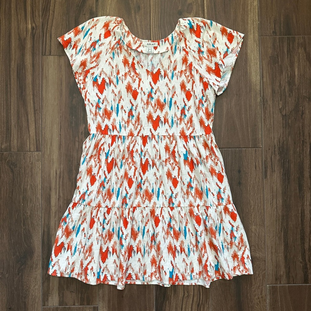 Ariat Delilah Dress Womens Medium Red Teal Ikat Print Linen Blend Tiered Mini